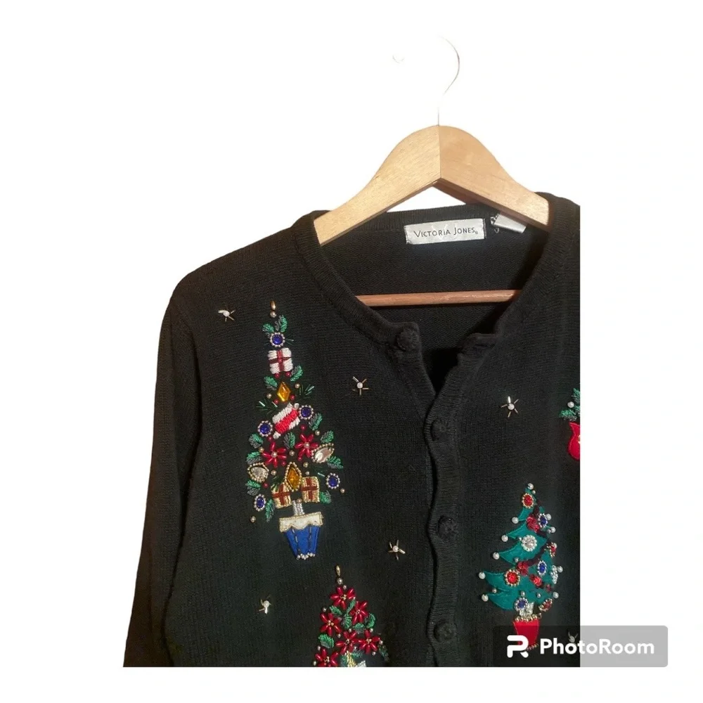 Vintage Victoria Jones Beaded Christmas Tree Cardigan Sweater Women’s Large